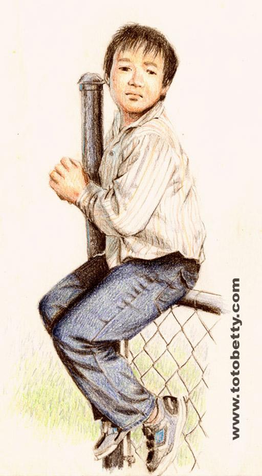 [A boy sitting on the fence.]