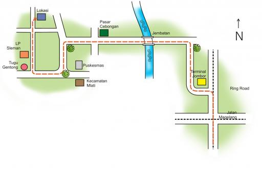 Peta lokasi dengan ilustrasi pada petunjuk-petunjuk jalan utama.
